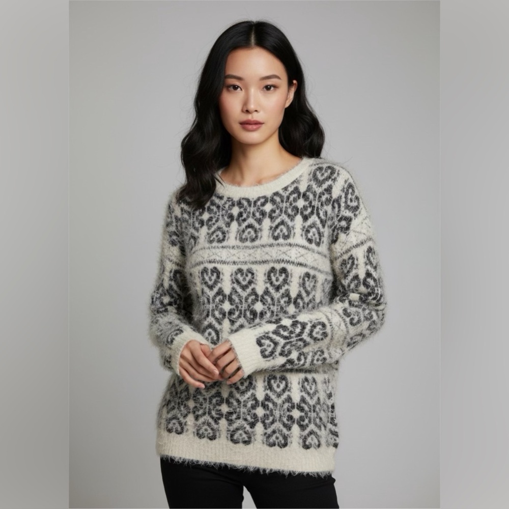 Nostalgia Cream and Black Fuzzy Pattern Sweater
